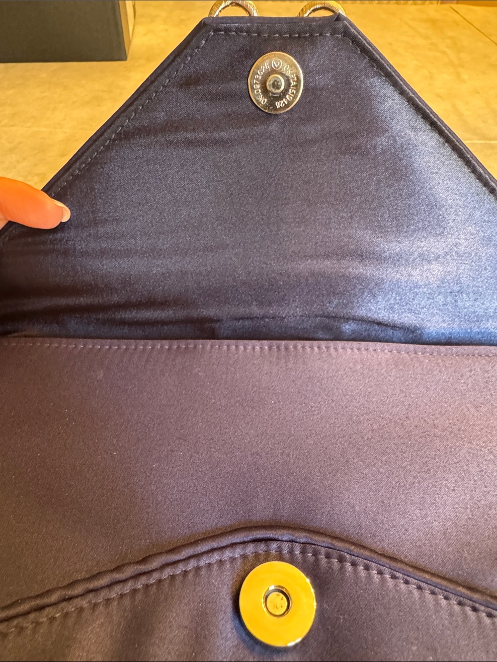 La Regale Navy Satin Envelope Clutch with Crystal Bow Accent - Picture 7 of 9